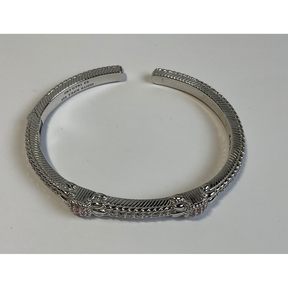 Judith Ripka 925 Sterling Silver Pink Clear CZ Textured Rope Hinged Bracelet - Picture 7 of 11